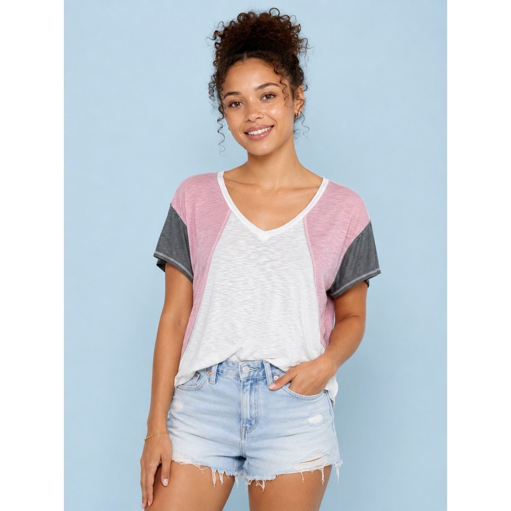 AS Revival Colorblock V-Neck Slub Tee M Boho Casual Raw Hem Earthy Minimalist